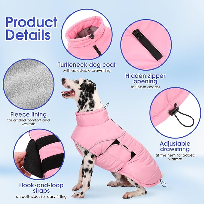 ASENKU Extra Warm Dog Coat with Fleece, Reflective Puffer Jacket, Adjustable with Zippered Leash Hole for Large Dogs, Winter Clothes (Pink, 2XL)