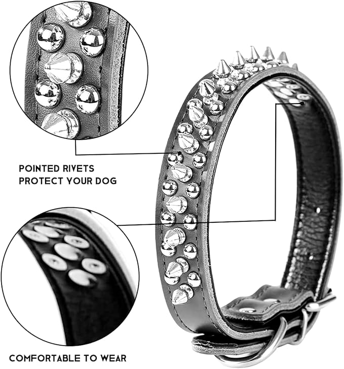 Adjustable Genuine Leather Spiked Studded Dog Collars for Small Medium Large Pets Like Pit Bull Bulldog Pugs Husky (L, Green1)