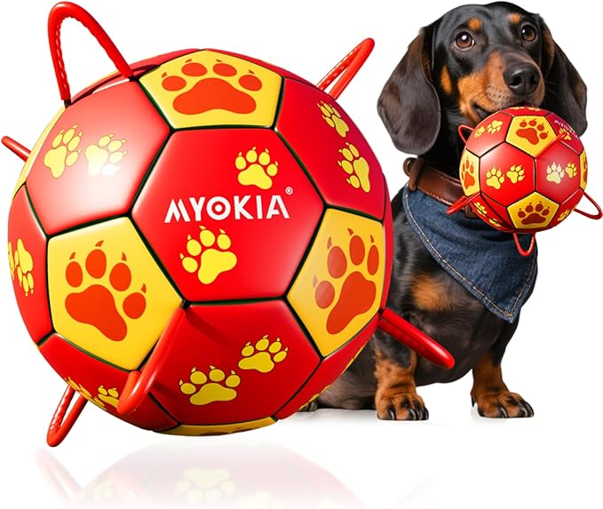 Size 2 Dog Soccer Ball with Straps Durable Training Ball for Pets Interactive Outdoor Dog Toy, Red & Yellow, Paw Prints Design, for Small to Medium Puppies, Pet Supplies