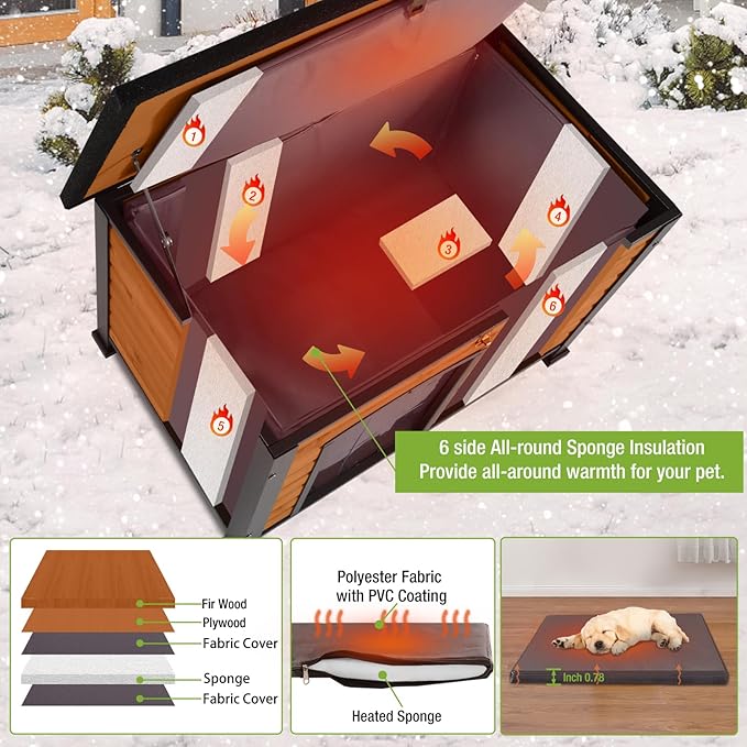 GUTINNEEN Outdoor Dog House with Insulated Liner,Durable Waterproof Puppy Shelter for Small & Medium & Large Dogs,Indoor Wooden Dog Kennel for Winter,Cozy Design(Brown)
