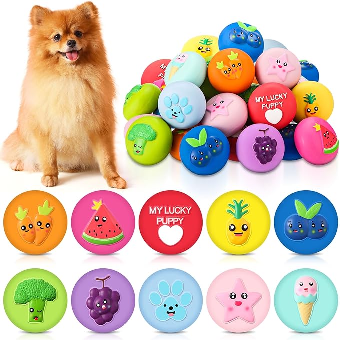 Hungdao 40 Pcs Bulk Dog Squeaky Toys Soft Rubber Latex Dog Toys Small Squeaky Balls Interactive Fetch Balls for Teething Small Pet Breeds Training(Cute Fruit)