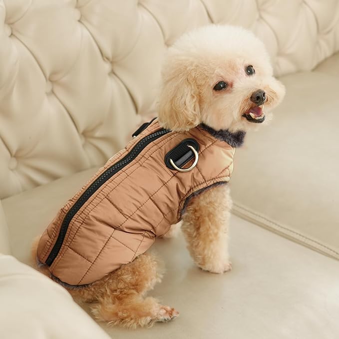 Warm Fleece Dog Coats with Durable Harness Buitl in D-Ring,Waterproof Doggie Jacket for Large Dogs,Dog Vest for Cold Winter,Burnished Khaki XXXL