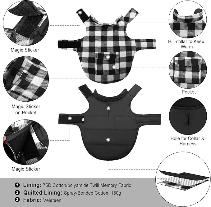 ASENKU Dog Winter Coat, Fleece Doggie Jacket Plaid Reversible Vest Waterproof Windproof Cold Weather Clothes for Small Medium Large Dogs (XXL, White)