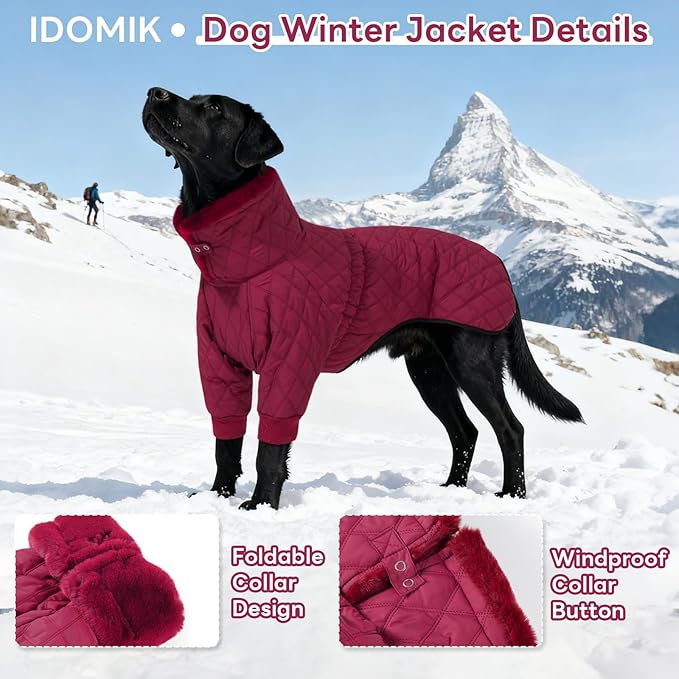 IDOMIK Dog Winter Coat for Large Dogs, Warm Dog Winter Jacket with Fleece High Collar, Zippered Cold Weather Coats for Dogs, Waterproof Doggy Snow Jacket Clothes,WineRed,L
