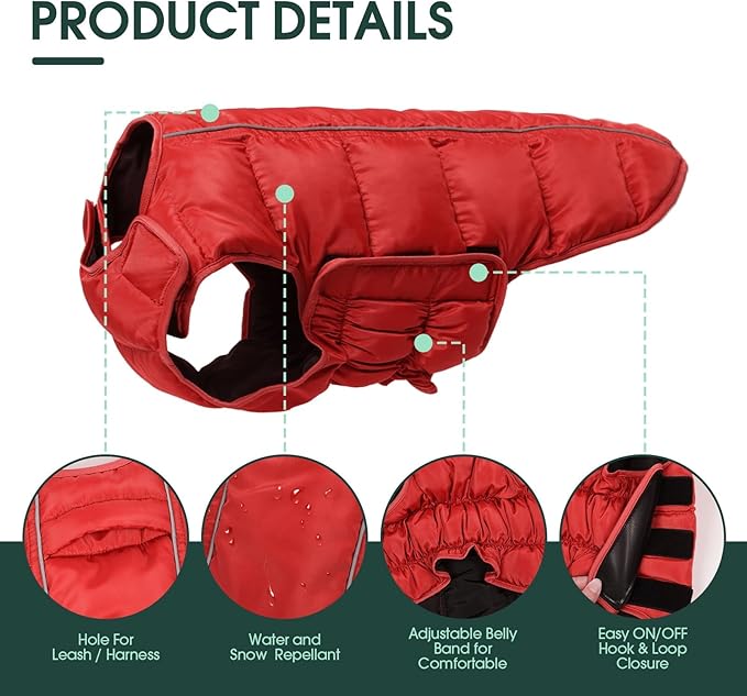 Kuoser Dog Puffer Jacket Warm Dog Coat for Extra Large Dogs, Windproof Reflective Pet Padded Vest Cold Weather Clothes Puppy Snowsuit with Hook & Loop Coats, Easy On/Off, Red 2XL
