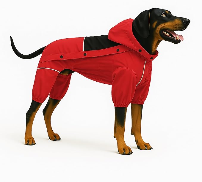 LOVELONGLONG Waterproof Dog Raincoat with Removable Hood – Outdoor Full Body Dog Jacket, Windproof Snowproof Shell Suit – All Season Pet Rain Gear Red S