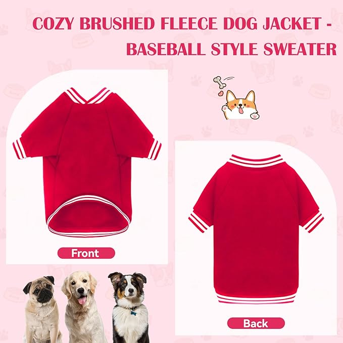 Dog Sweater Brushed Fleece Pet Clothes Baseball Jacket Soft Warm Pet Sweater Dog Sweaters for Small/Medium Dogs Boy Girl(Red-S/M)