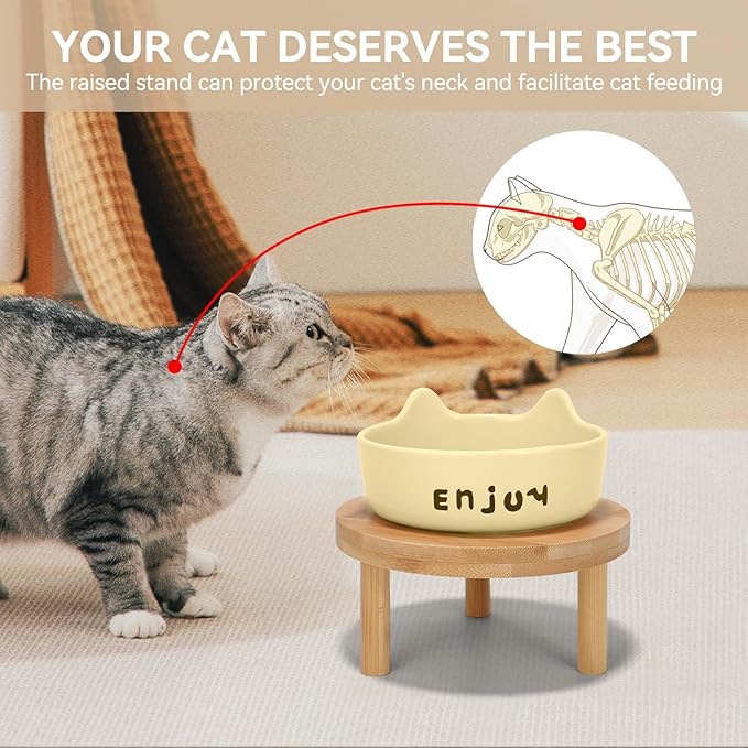 3PCS Elevated Cat Bowls,Wide Raised Ceramic Pet Dishes with Bamboo Stand, Whisker Friendly Pet Water or Food Plates Feeding Station for Indoor Small Dogs, Kitten (Yellow(3PCS))