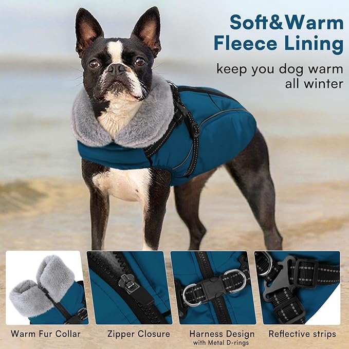 Queenmore Dog Jackets for Large Dogs, Dog Coat with Harness Built in,Waterproof Dogs Coats with Zipper On Back,Warm Fleece Lining Cold Weather Pet Coats with Furry Collar for Labrador,Blue,L
