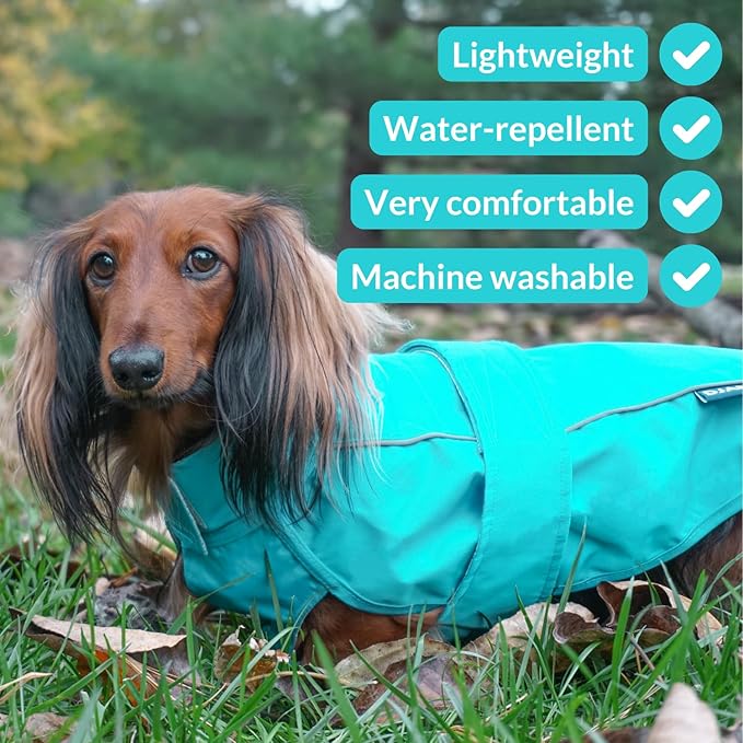 DJANGO Dog Jacket & Raincoat – Lightweight Water-Resistant Coat for Small, Medium & Long Dogs Like Dachshunds – Reflective, Adjustable Fit, Harness-Compatible & Easy-Access Harness Hole - Blue, Large