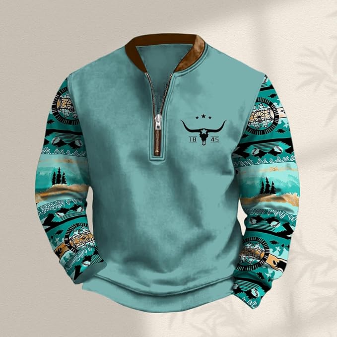 HOTYD Aztec Cowboy Jacket Men Vintage Bullhorn Printed Oversized Western Sweatshirt Long Sleeve Quarter Zip Pullover