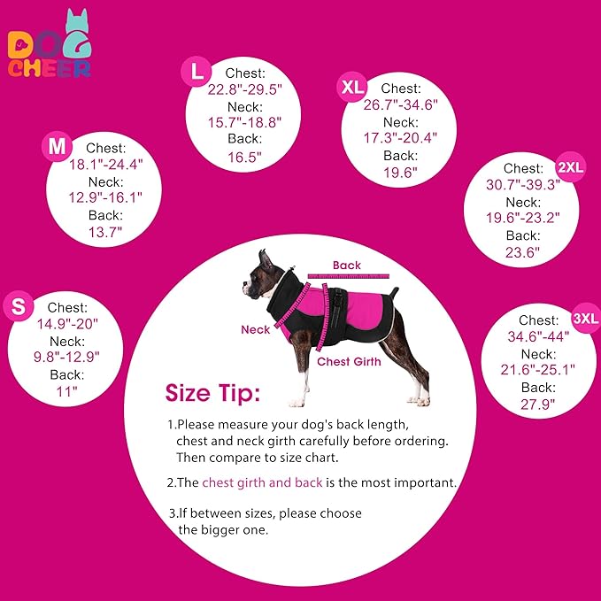 Dogcheer Waterproof Dog Coat, Christmas Dog Winter Jacket, Adjustable Puppy Fleece Coat for Cold Weather, Reflective Turtleneck Snow Jacket for Small Medium Large Dogs - Pink, M