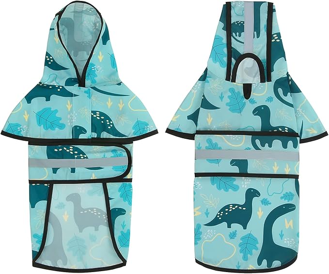 HDE Dog Raincoat Jacket Reflective Adjustable Hooded Pet Poncho Rain Coat with Leash Hole for Small to X-Large Dogs Dinosaurs - S