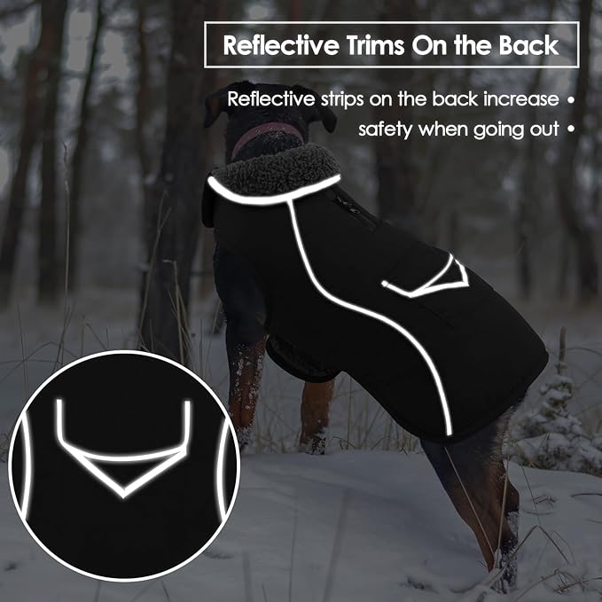 SUNFURA Dog Coat, Large Dog Jacket Reflective Winter Coat for Cold Weather, Windproof Pet Snow Jacket with Pocket, Warm Fleece Sweater Clothes for Large Dogs, Black L