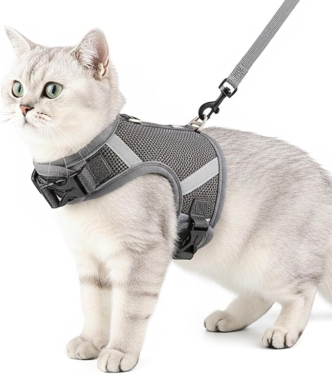 Cat Harness and Leash Escape Proof Kitten Harness Cat Leash for Walking Travel Service Cat Vest, Grey, Small