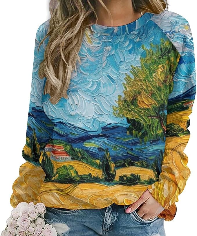 Long Sleeve Shirts for Women Cat Oil Painting Shirt 3D Graphic Sweatshirts Fall Pullover Crewneck Vintage Boho Tops