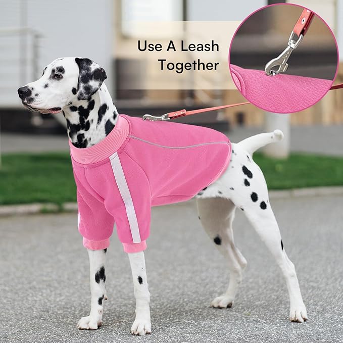 Queenmore Fleece Dog Sweater for Girl Dogs, Pullover Pink Dog Sweatshirt Sweatshirt with Leash Hole, Reflective Stripes – Cozy Winter Fleece Jacket for Small/Medium/Large Femal Puppy M