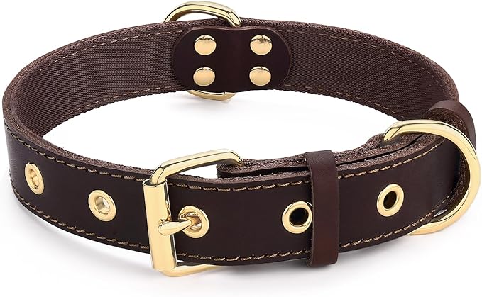 Dog Collar, Leather Dog Collar with Adjustable Sturdy Metal Buckle,Heavy Duty Dog Collar for Walking, Hiking, Training, Hunting (Brown,L:18.6"-25.8" Neck)