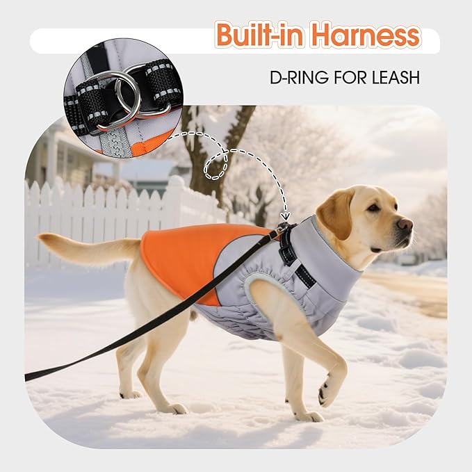 DENTRUN Dog Coat with Harness Built in, Heavy Duty Winter Dog Coat, Warm Fleece Lined Adjustable Belly for German Shepherd, Orange, XXL