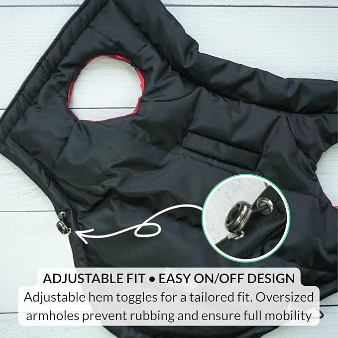 DJANGO Reversible Puffer Dog Coat – Warm Winter Dog Jacket & Water-Repellent Insulated Dog Coat with Harness Hole, Windproof, Adjustable Fit Vest for Small & Medium Dogs, Dachshunds – Black, X-Small