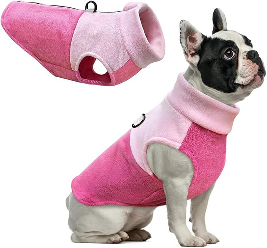 Idepet Dog Fleece Vest Sweater Zip Up Warm Pullover Dogs Jacket with D-Ring Leash Winter Cold Weater Coat Pet Sweatershirt Clothes Hoodie for Small Medium Dogs Boy Girl (Pink/Rose Red, S)