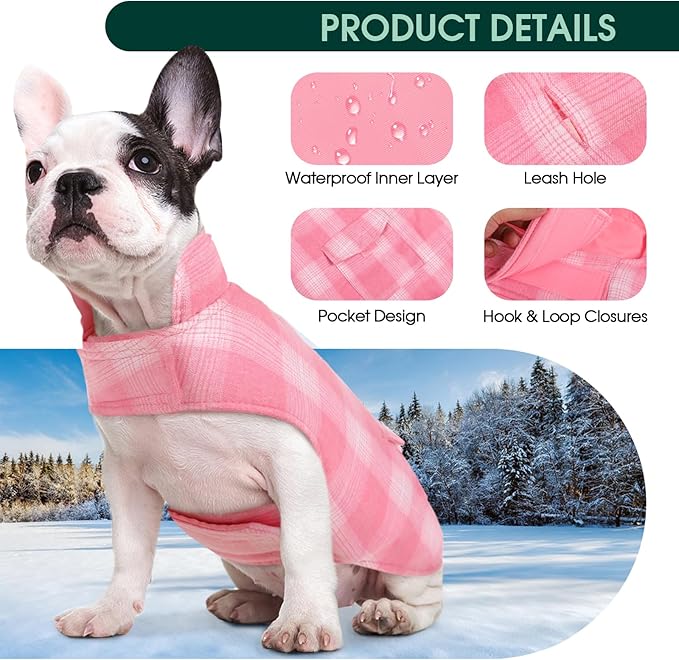 Kuoser Dog Winter Coat, Reversible Dog Jacket, Warm Doggie Coat British Style Puppy Cold Weather Vest, Windproof Pet Clothes Vest for Small Dogs, Pink S
