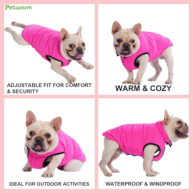 PetWarm Reversible Dog Winter Coat, Windproof Dog Puffer Vest, Soft Vest for Dogs with Hook-and-Loop Strap for Easy Dressing, Waterproof Coat for Dogs with Adjustable Fit, Pink, XS