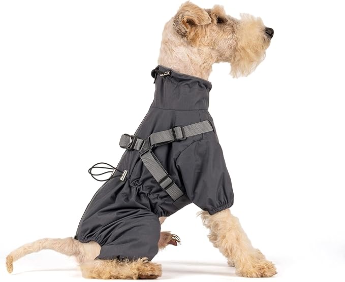 Mile High Life Waterproof Dog Raincoat, Full Coverage Small Dog Rain Coat with Harness, Adjustable 4 Legs Puppy Rain Jacket with Reflective Strip and Elastic Cuffs (Gray, L Back Length 16.1")
