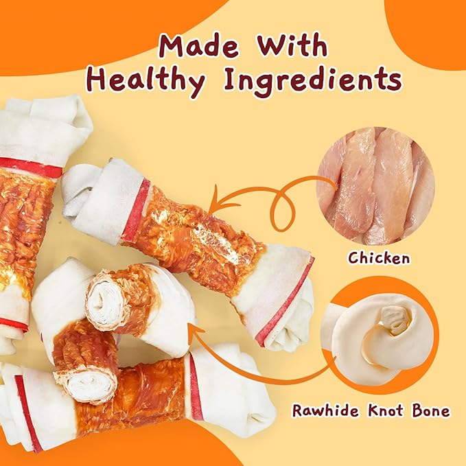 Jungle Calling Chicken Wrap Knotted Bones Dog Chews 6.5" Pack of 4, Long Lasting Beefhide Treats Real Chicken Wrap Rawhide Bones for Large Dogs Training Treats (3 Packs)