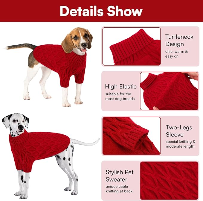 Queenmore Knitted XS Dog Sweater,Turtleneck Pullover Small Dog Sweater,Soft DogSweaters for Small Dogs Male Female, Pet Sweaters for Dogs,Thick Warm Pet Clothes for Teacup,Chihuahua(Red,XS)