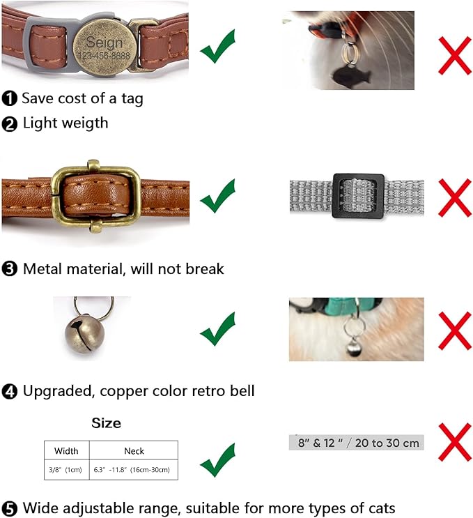 Cat Collar Breakaway, Personalized Leather Cat Collar with Bells-Adjustable Customized Collar with Name & Phone Number Tag for Girl Boy Cats -Quick Release Buckle for Cats & Kittens(Brown)