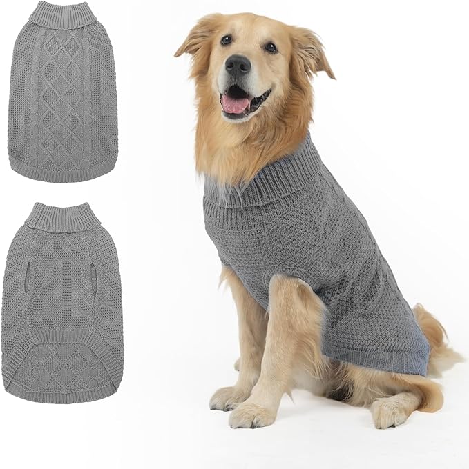 Mihachi Turtleneck Dog Sweater - Winter Coat Apparel Classic Cable Knit Clothes with Leash Hole for Cold Weather, Ideal Gift for Pet in New Year Grey L