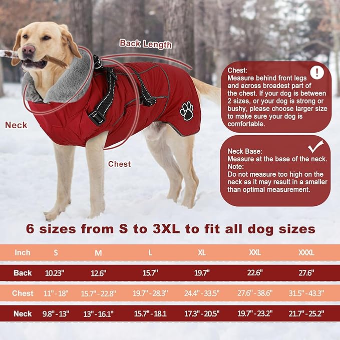 Doglay Dog Jacket Waterproof Dog Coat with Harness Built in, Christmas Puppy Winter Coat Reflective Turtleneck Puffer Snow Jackets for Small Medium Large Dogs
