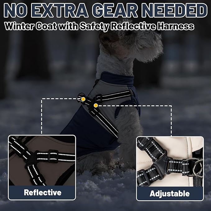 Dog Winter Coat for Small & Medium Dogs (Up to 31lb), Waterproof Dog Coat with Harness, Puppies Windproof Puppy Puffer Jacket, Snowsuit for Dachshund,Frenchie,Corgi (Classic Blue, 2XLarge)