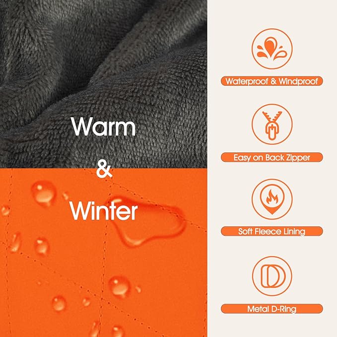 Dog Coat with Harness Built in -Orange,2XL- Fleece Lined Dog Snow Jacket Snowsuit，Adjustable Reflective Winter Warm Cold Weather Coat