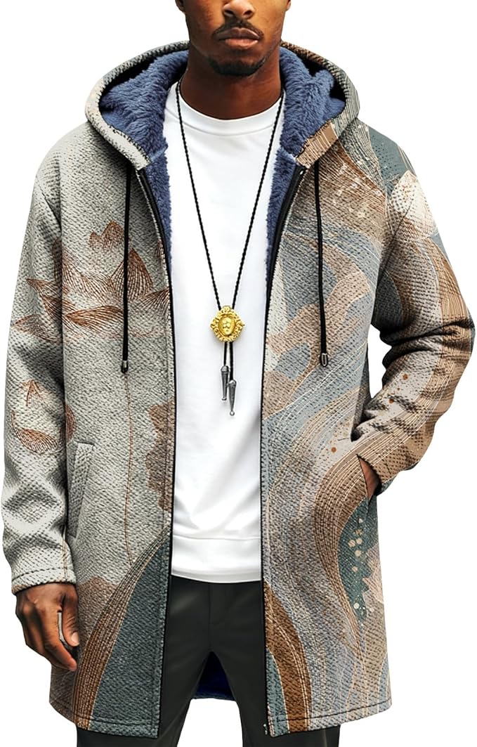 Mens Long Cardigan Hoodies Full Zip Fleece Lined Jackets Fashion Knitted Color Block Hooded Coat with Pockets