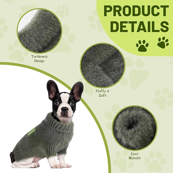 Small Dog Furry Pullover Sweater, Classic Turtleneck Dog Clothes for Cold Weather Cute Warm Pet Clothes for Chihuahua, Bulldog, Dachshund, Pug Green Small