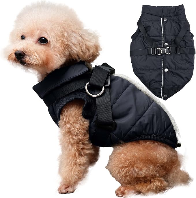 Dog Jacket with Harness,Fleece Lined Warm Puppy Coat for Winter,Soft Windproof Small Dog Vest,Black XS