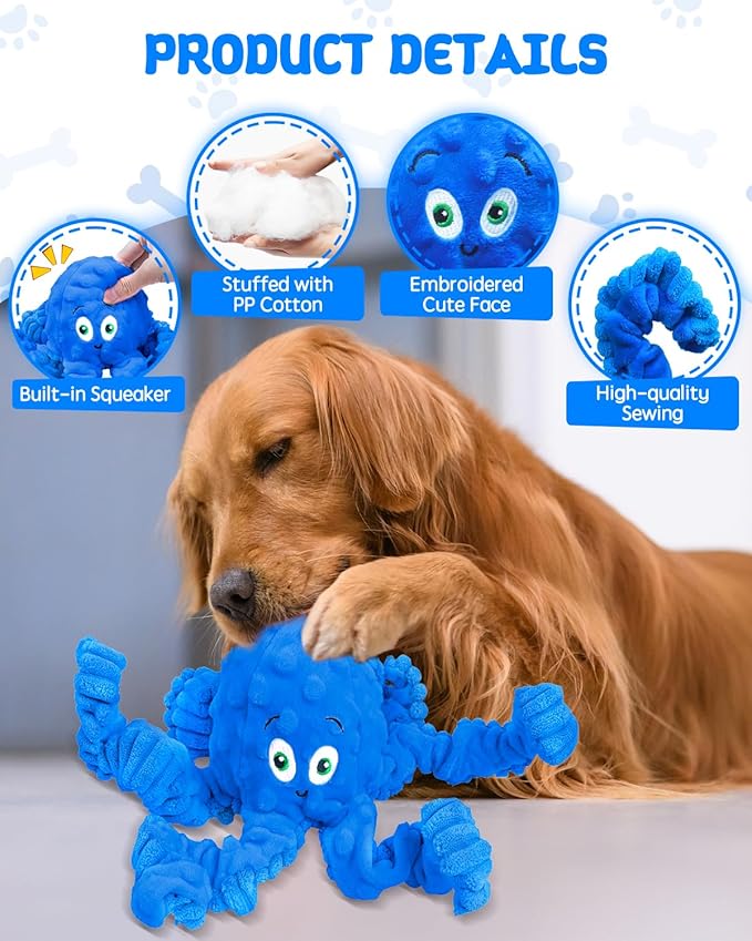 Squeaky Dog Toys, Interactive Plush Stuffed Octopus Tug of War Toy, Plush Crinkle Dog Chew Toys to Keep Them Busy, Funny Dog Toys for Small, Medium & Large Dogs - Blue