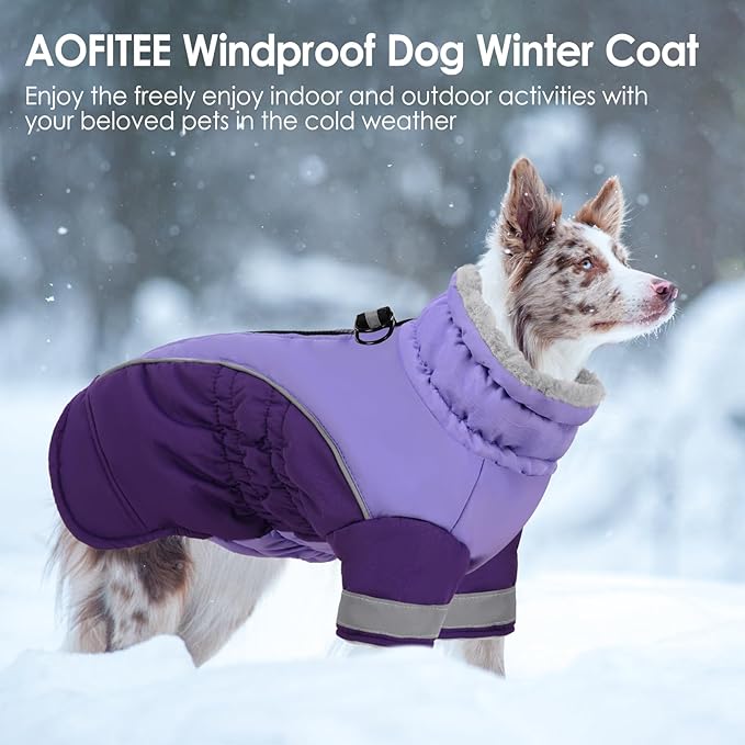 AOFITEE Dog Coat - Warm Small Dog Winter Jacket with Two Legs- Zip Up Dogs Jackets for Winter Reflective Dogs Snow Coats Puffer Jackets for Yorkshire, Schnauzer, Purple S