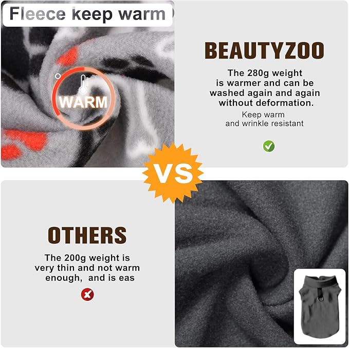 BEAUTYZOO Small Dog Sweater Fleece Vest Winter Jacket, D-Ring Leash Attachment for XS S Puppy Medium Sized Breeds Dogs, Cold Weather Dog Clothes Windproof Keep Warm, Grey Bones Paw XS