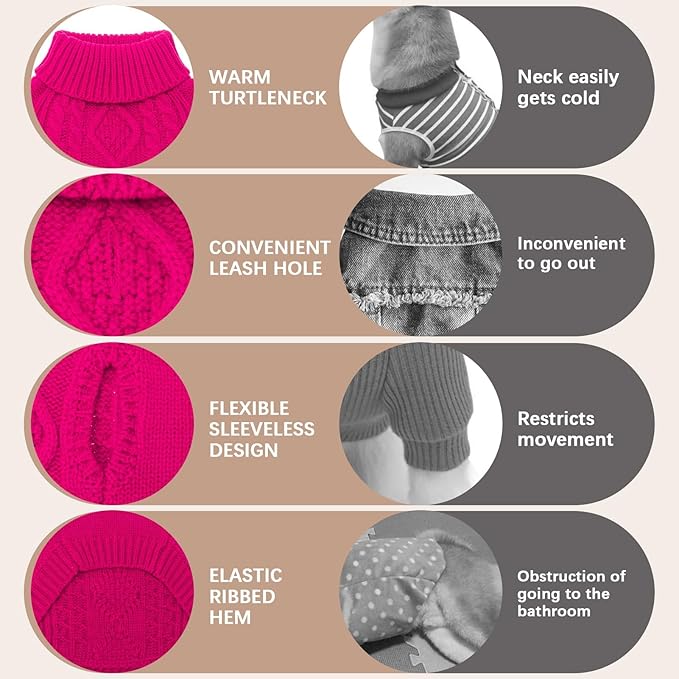 BINGPET Thermal Knitted Dog Sweater for Small Medium Large Dogs,Winter Dog Cat Coat Warm Sweartershirts Outfits,Classic Cable Knit Turtleneck Pullover Dog Jumper Coat Warm Sweartershirts(Rosered,SM)