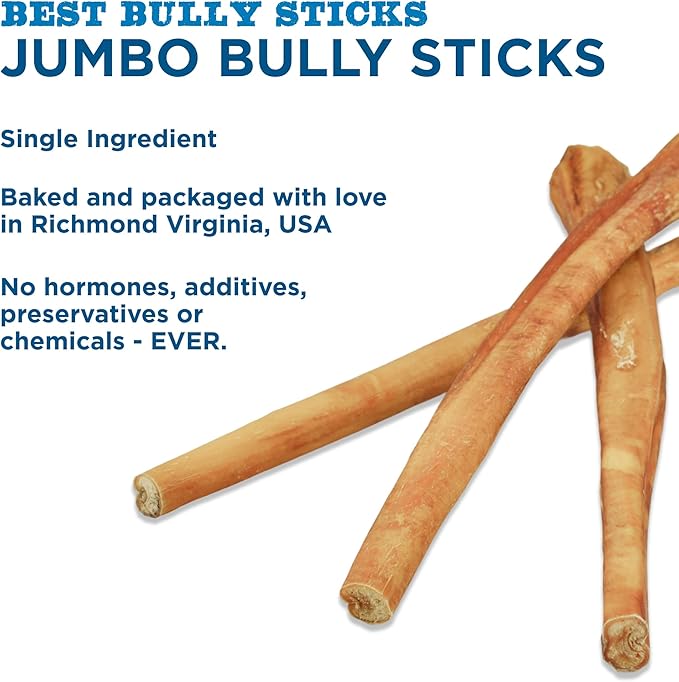 Best Bully Sticks Natural Jumbo Bully Sticks for Large Dogs - 12 Inch, 4 Count (Pack of 1) - 100% Free-Range Grass-Fed Beef, Single-Ingredient, Grain and Rawhide Free Long Lasting Dog Chews