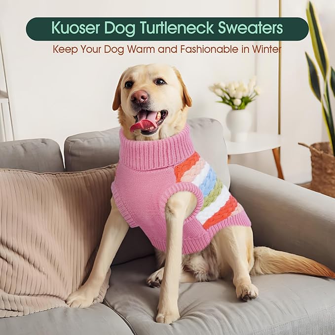Kuoser Dog Sweater, XL Dog Sweaters for Large Dogs Pet Cable Knitted Pullover Warm Clothes, Turtleneck Classic Knitwear Soft Thick Puppy Xmas Holiday Outfit Cold Weather Thermal Wear, Pink XL