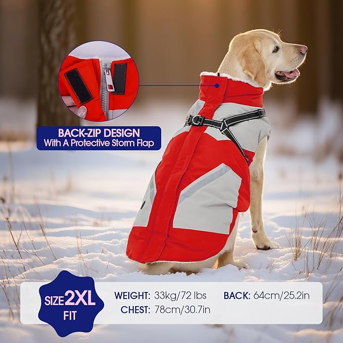 FUAMEY Dog Winter Jackets for Large Dogs,Dog Coat with Harness Built in,Waterproof Dogs Snowsuits Warm Pet Jacket Zip Up Fleece Cold Weather Coats Reflective Puppy Vest with Pocket Red L