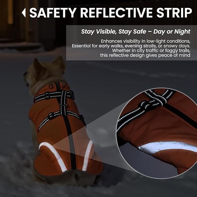 QBLEEV Large Dog Coat, Dog Winter Jacket for Large Dogs, XX-Large Waterproof Cold Weather Vest with Built-in Harness, Zipper & Reflective, Windproof Thick Warm Fleece Snowsuit Clothes, Orange, XXL