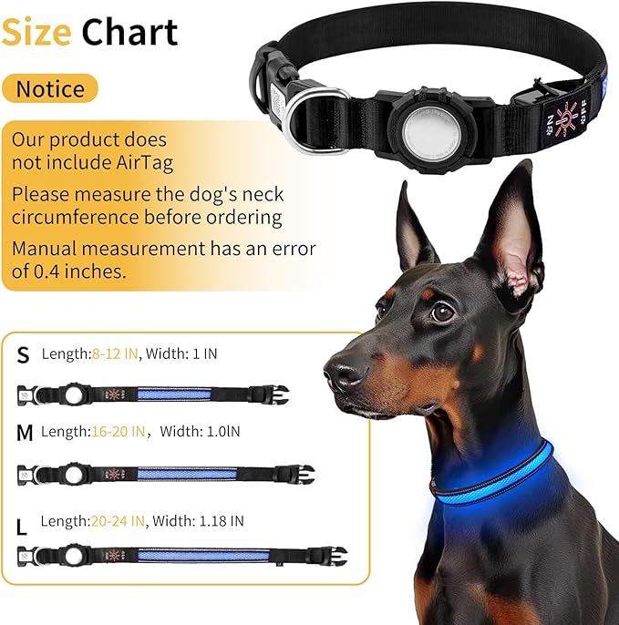 AirTag Dog Collar with QR Code & LED Light, IP68 Waterproof Rechargeable Pet Collar with Reflective Strips, Durable Airtag Holder for Medium/Large Dogs (Blue, L(20-24 in))