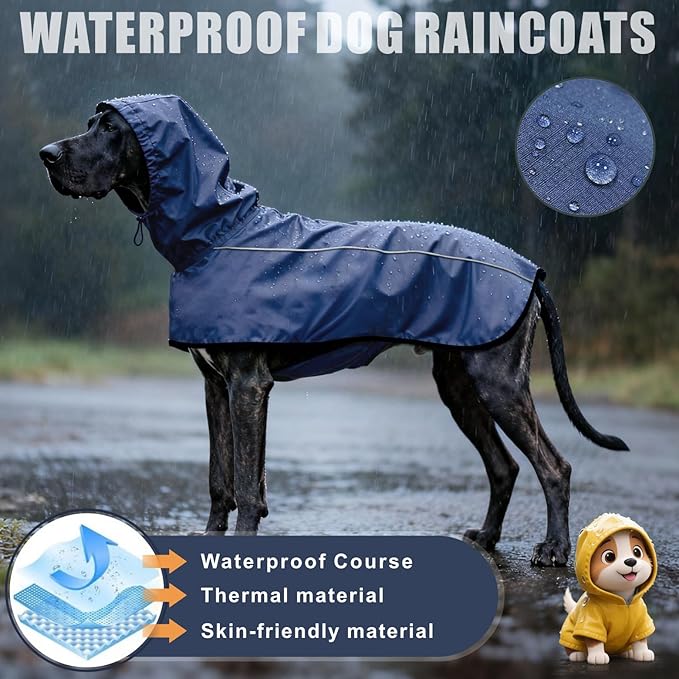 Mosucoirl Dog Raincoat Jacket Reflective Adjustable Hooded Pet Poncho Rain Coats with Leash Hole Waterproof Clothes for Small Medium Large Dogs (NavyBlue, L)