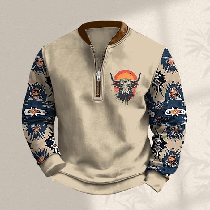 HOTYD Aztec Cowboy Jacket Men Vintage Bullhorn Printed Oversized Western Sweatshirt Long Sleeve Quarter Zip Pullover