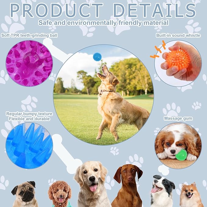 12Pack Squeaky Toys, 2.5" Spiky Ball, Cleans Teeth, Squeaky Balls for Aggressive Chewers, Bright Color Toys for Small, Medium & Large Dogs